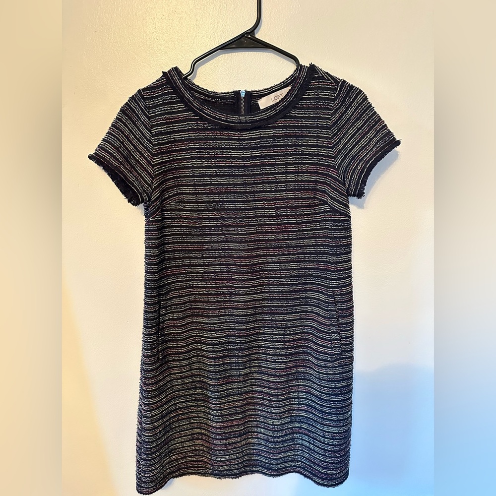 LOFT Business Casual Midi Dress - navy with multicolored stripes